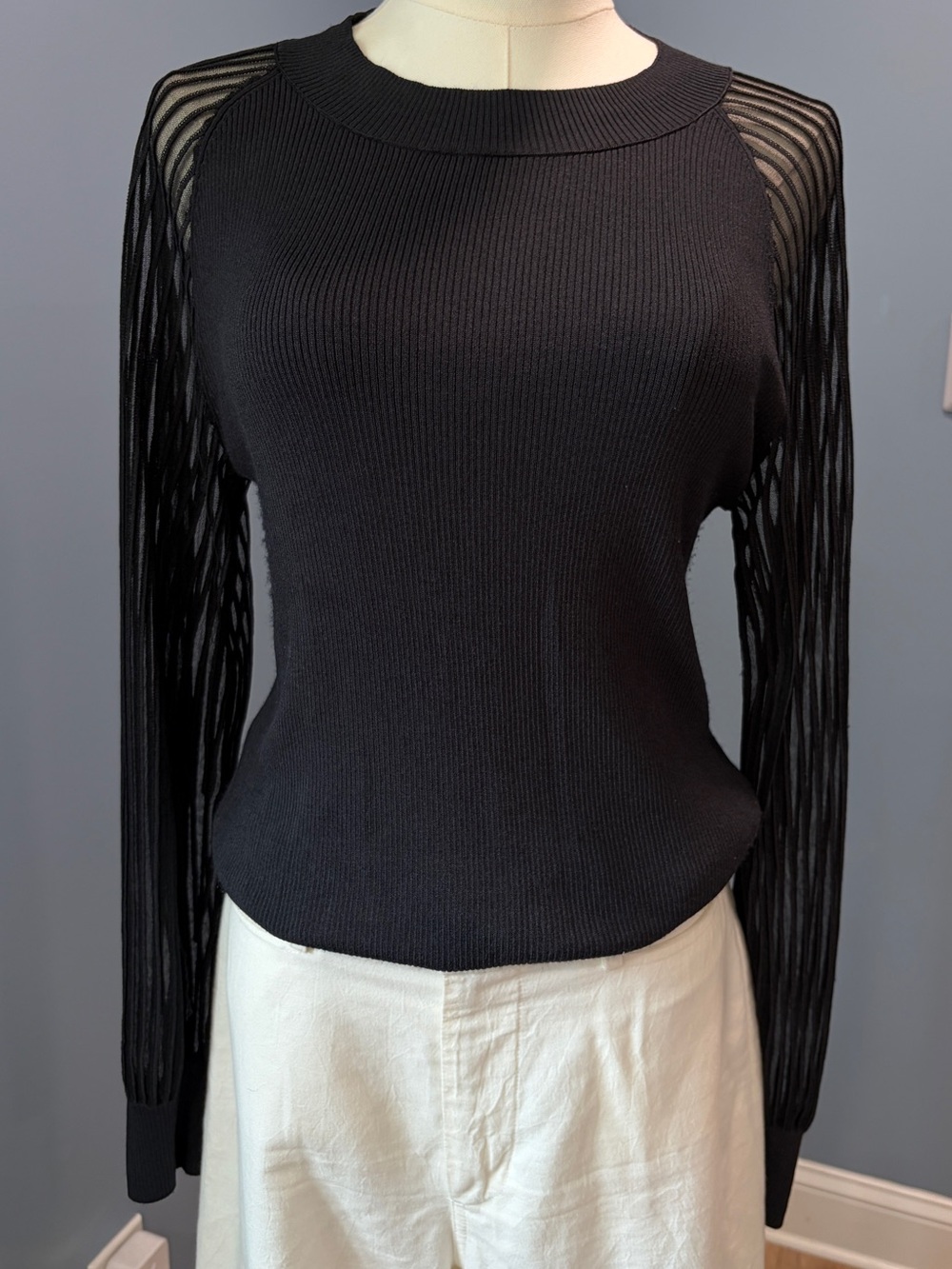Club Monaco Black Sheer Ribbed Sleeve Knit Sweater Top Medium